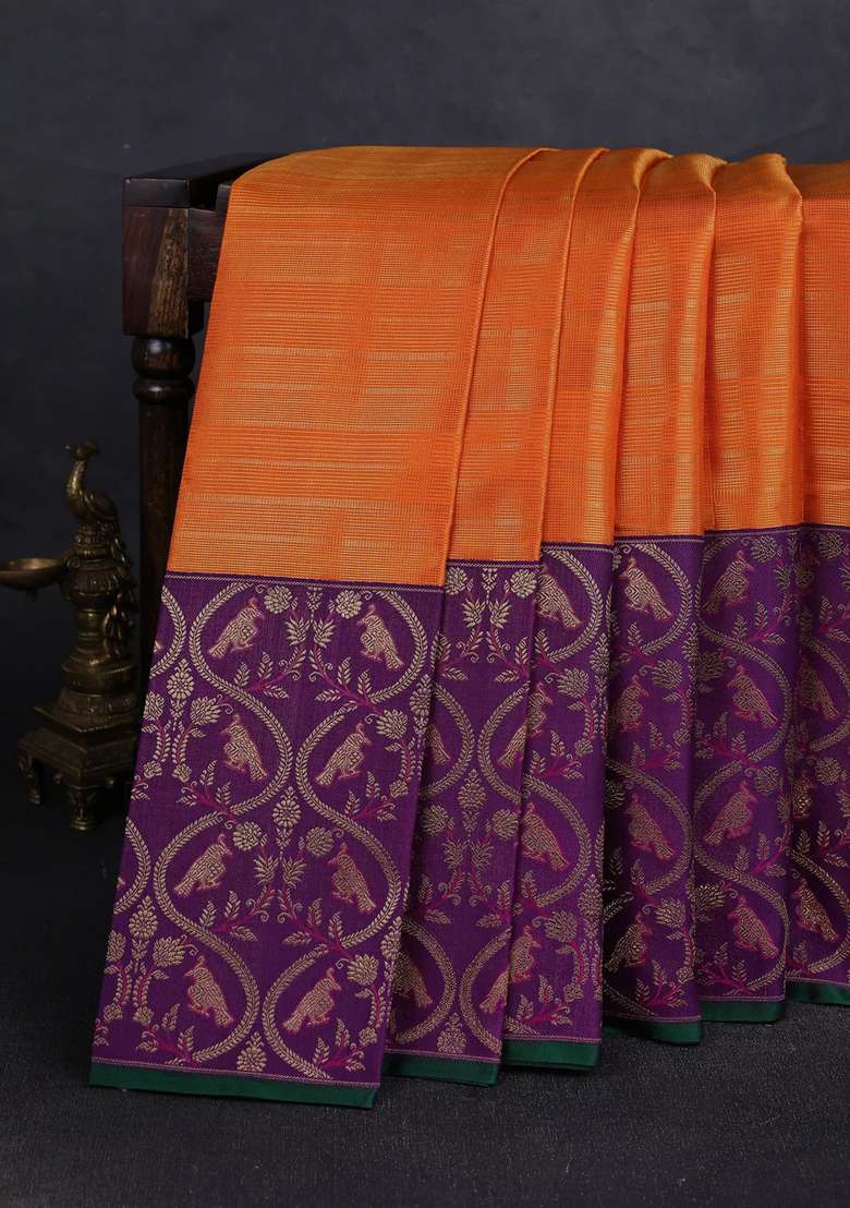 Orange Purple Pure Kanchipuram Silk Tissue Saree With Traditional Woven Design For Women - Indya