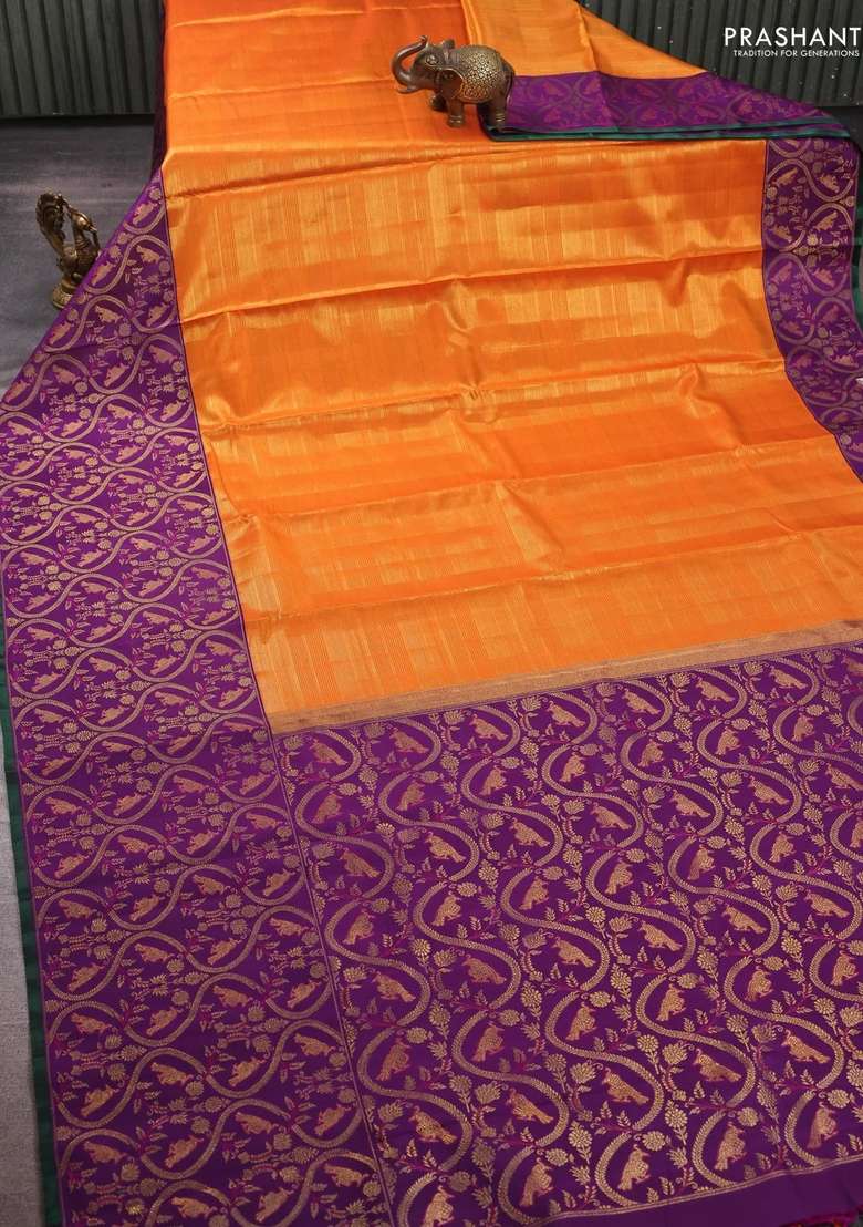 Orange Purple Pure Kanchipuram Silk Tissue Saree With Traditional Woven Design For Women - Indya