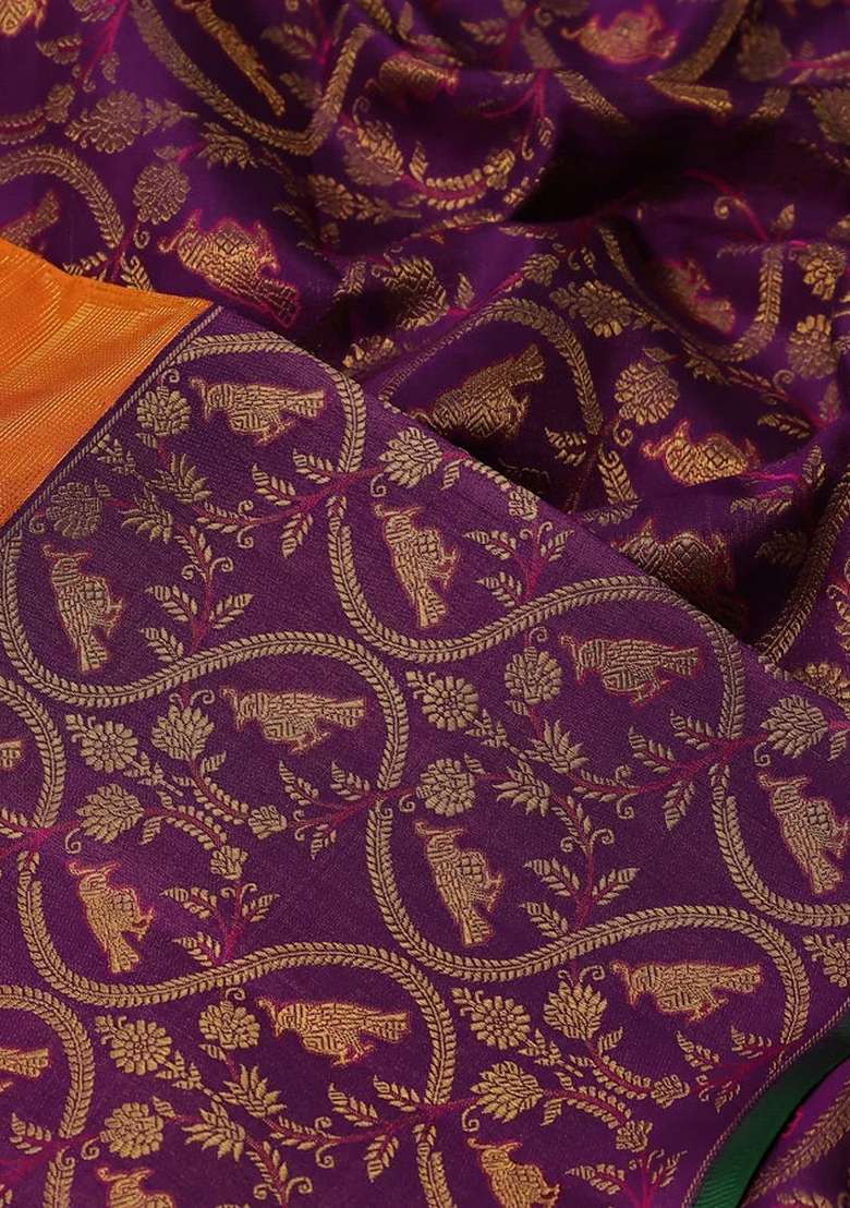 Orange Purple Pure Kanchipuram Silk Tissue Saree With Traditional Woven Design For Women - Indya