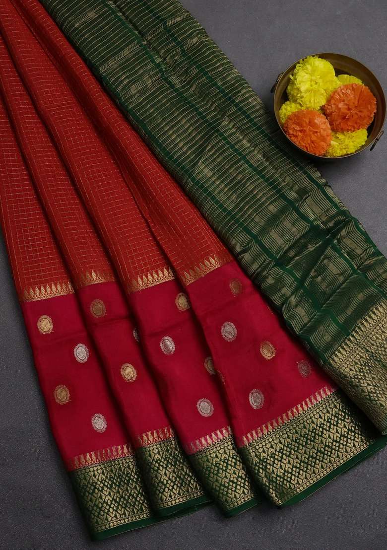 Orange Green Semi Mysore Silk Saree Checks With Checks And Stripes Design For Women - Indya