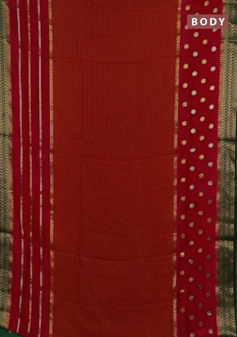 Orange Green Semi Mysore Silk Saree Checks With Checks And Stripes Design For Women - Indya