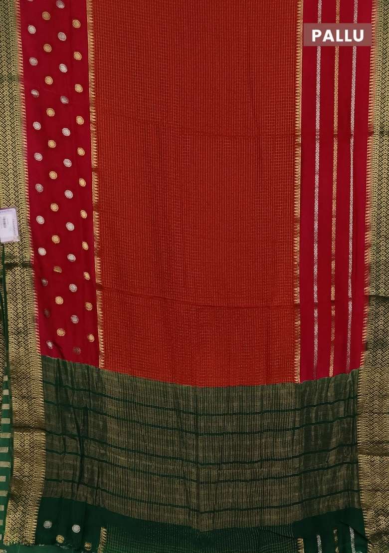 Orange Green Semi Mysore Silk Saree Checks With Checks And Stripes Design For Women - Indya