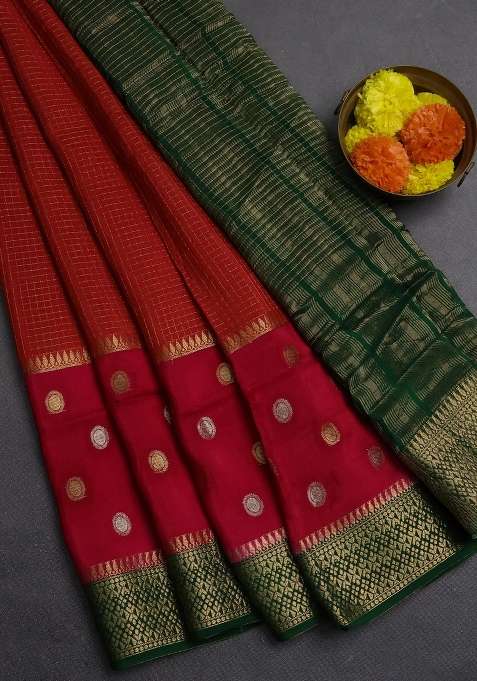 Orange Green Semi Mysore Silk Saree Checks With Checks And Stripes Design For Women