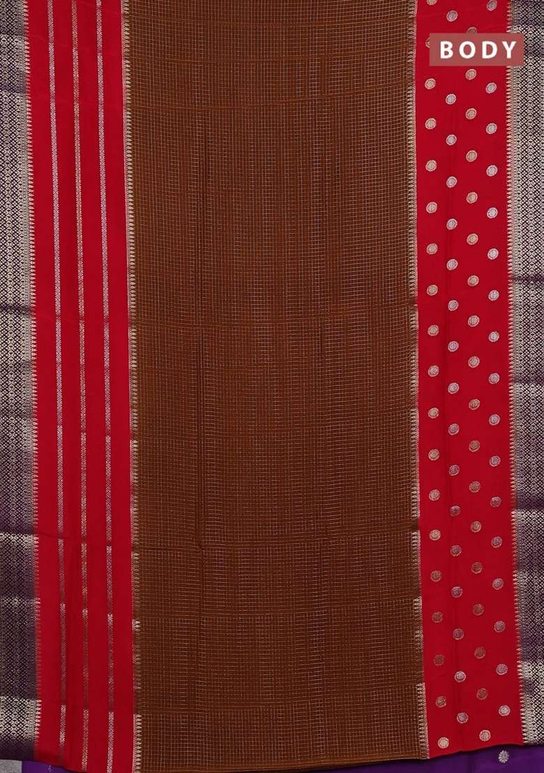 Brown Purple Semi Mysore Silk Saree Checks With Checks And Stripes Design For Women - Indya