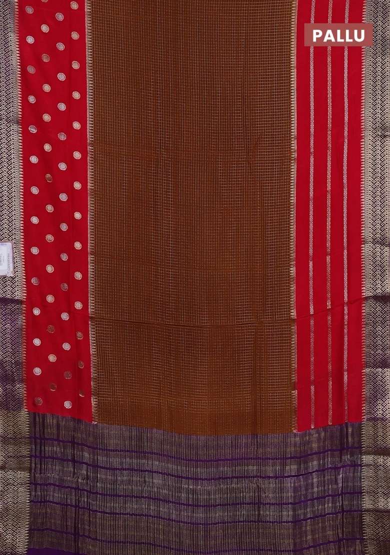Brown Purple Semi Mysore Silk Saree Checks With Checks And Stripes Design For Women - Indya