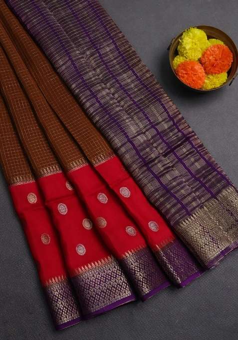 Brown Purple Semi Mysore Silk Saree Checks With Checks And Stripes Design For Women