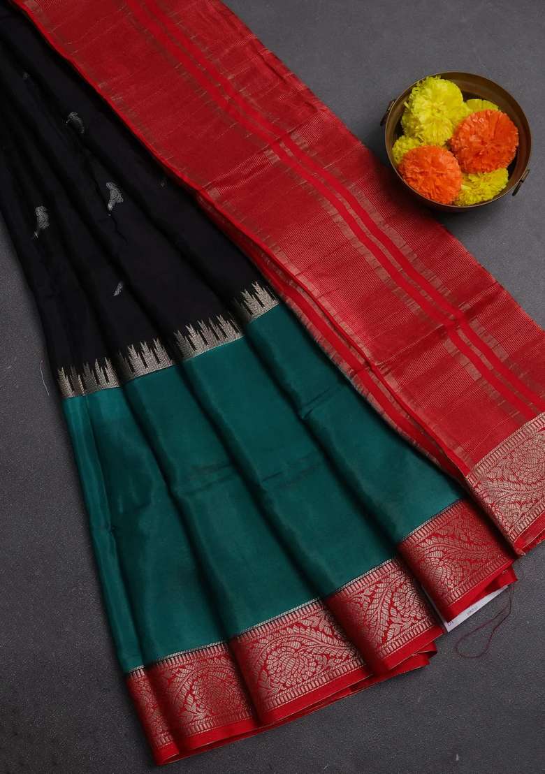 Black Green Semi Mysore Silk Saree Buttas With Buttas And Brocade Design For Women - Indya