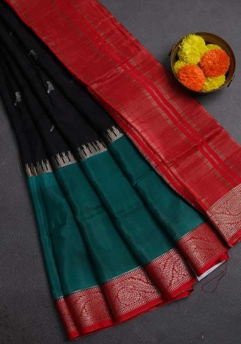 Black Green Semi Mysore Silk Saree Buttas With Buttas And Brocade Design For Women