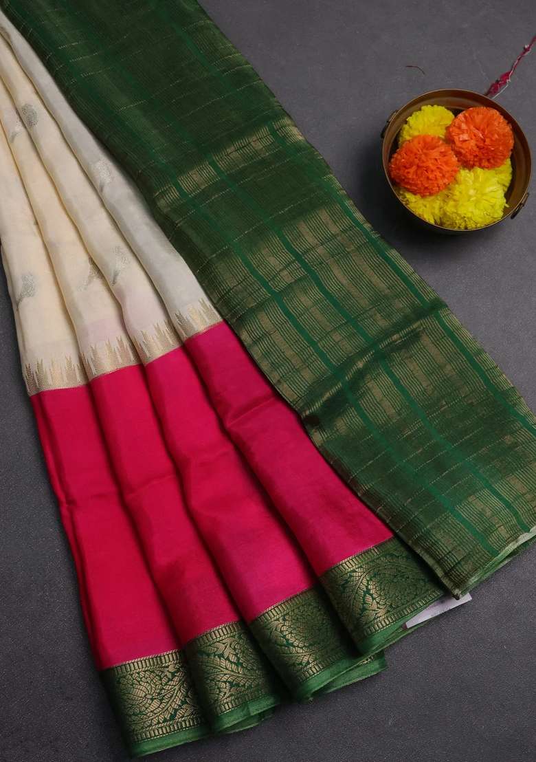 Cream Pink Semi Mysore Silk Saree Buttas With Buttas And Brocade Design For Women - Indya