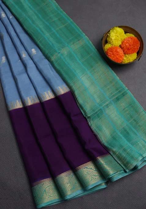 Grey Purple Semi Mysore Silk Saree Buttas With Buttas And Brocade Design For Women