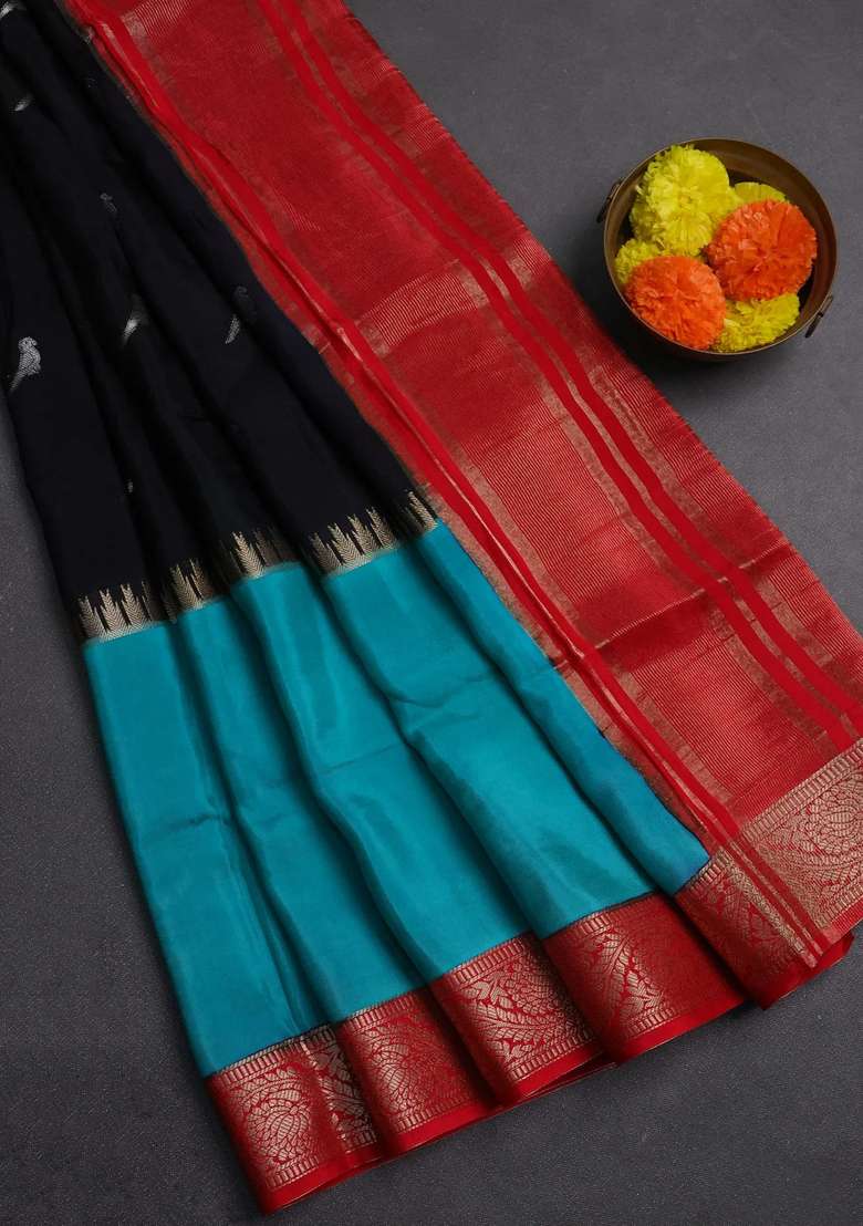 Black Teal Green Semi Mysore Silk Saree Buttas With Buttas And Brocade Design For Women - Indya