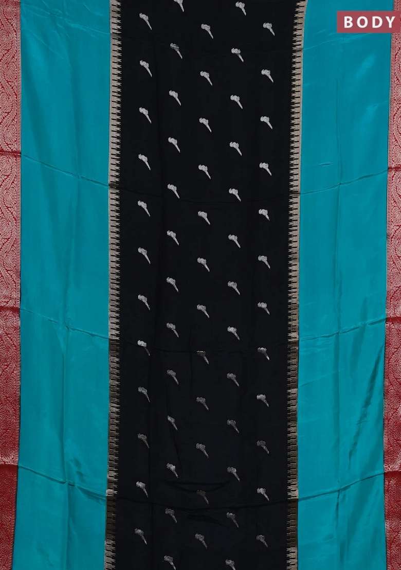 Black Teal Green Semi Mysore Silk Saree Buttas With Buttas And Brocade Design For Women - Indya