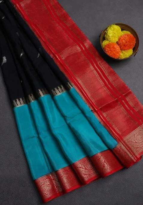 Black Teal Green Semi Mysore Silk Saree Buttas With Buttas And Brocade Design For Women
