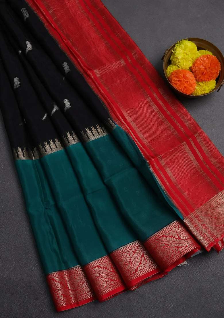 Black Green Semi Mysore Silk Saree Buttas With Buttas And Brocade Design For Women - Indya