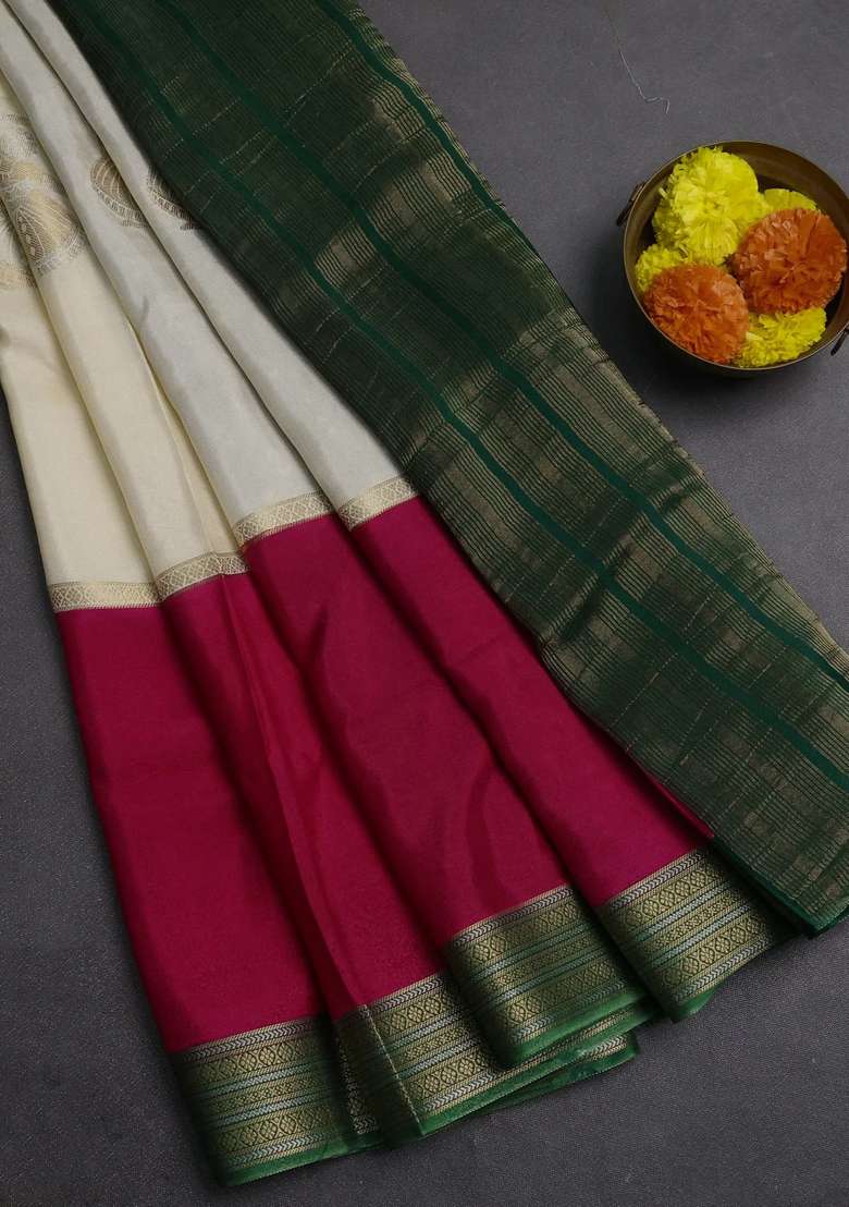 Beige Pink Semi Mysore Silk Saree Buttas With Buttas And Brocade Design For Women - Indya
