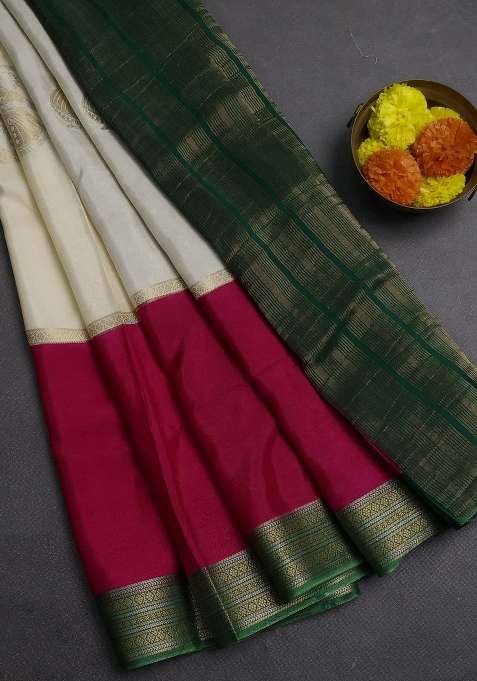 Beige Pink Semi Mysore Silk Saree Buttas With Buttas And Brocade Design For Women
