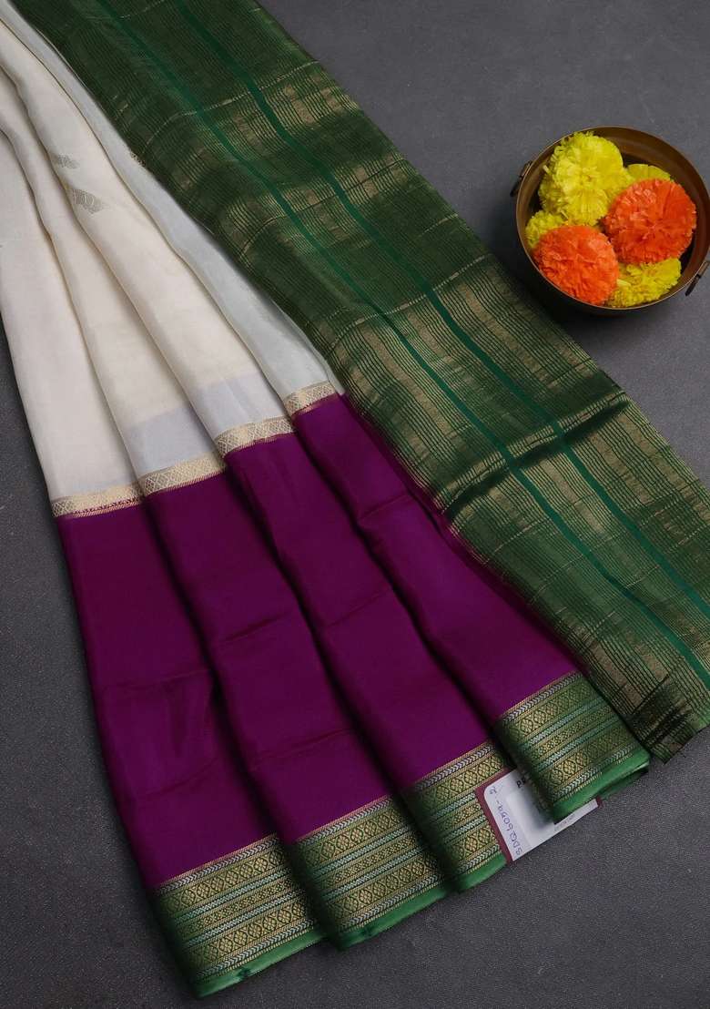 Off White Purple Semi Mysore Silk Saree Buttas With Buttas And Brocade Design For Women - Indya