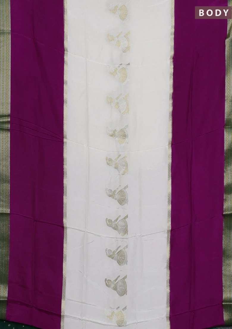 Off White Purple Semi Mysore Silk Saree Buttas With Buttas And Brocade Design For Women - Indya
