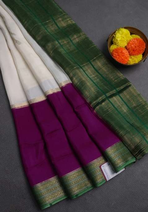Off White Purple Semi Mysore Silk Saree Buttas With Buttas And Brocade Design For Women