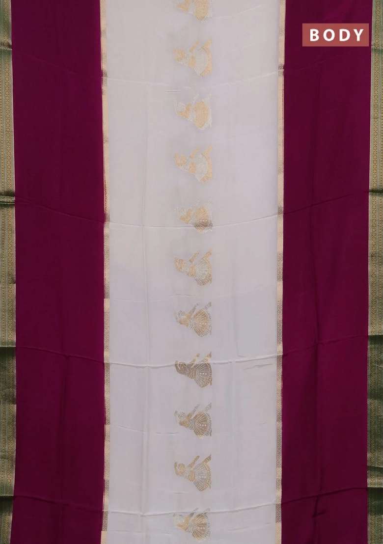 Off White Purple Semi Mysore Silk Saree Buttas With Buttas And Brocade Design For Women - Indya