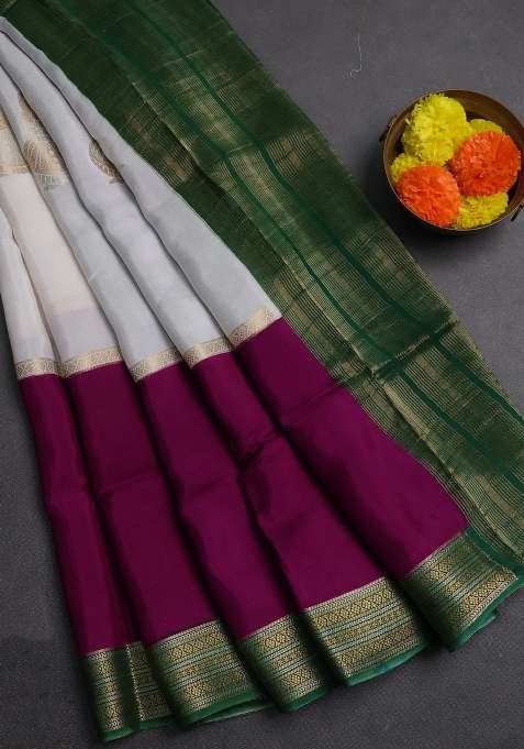 Off White Purple Semi Mysore Silk Saree Buttas With Buttas And Brocade Design For Women