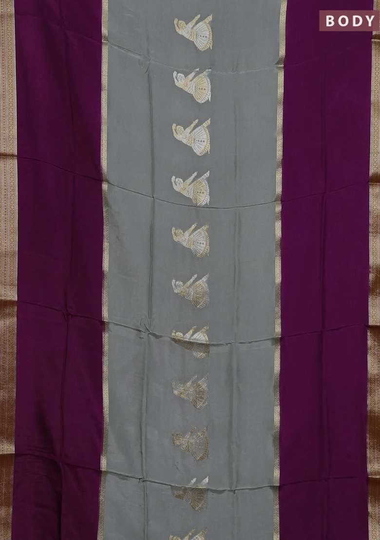 Grey Purple Semi Mysore Silk Saree Buttas With Buttas And Brocade Design For Women - Indya