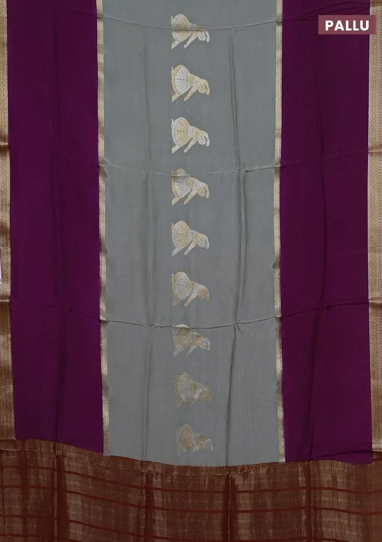 Grey Purple Semi Mysore Silk Saree Buttas With Buttas And Brocade Design For Women - Indya