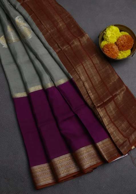 Grey Purple Semi Mysore Silk Saree Buttas With Buttas And Brocade Design For Women