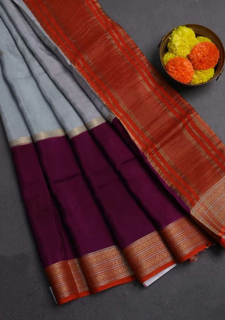 Grey Purple Semi Mysore Silk Saree Buttas With Buttas And Brocade Design For Women - Indya