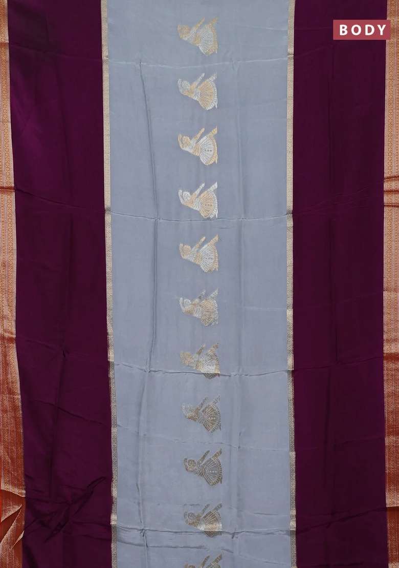 Grey Purple Semi Mysore Silk Saree Buttas With Buttas And Brocade Design For Women - Indya
