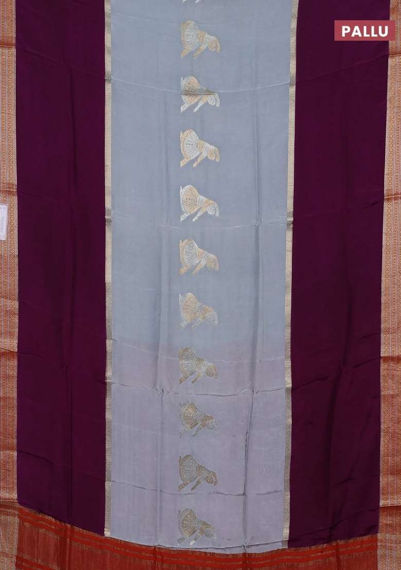 Grey Purple Semi Mysore Silk Saree Buttas With Buttas And Brocade Design For Women - Indya