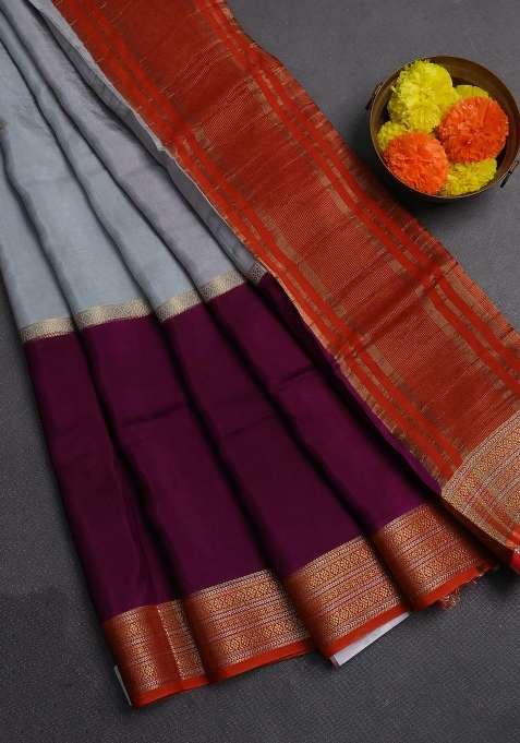 Grey Purple Semi Mysore Silk Saree Buttas With Buttas And Brocade Design For Women