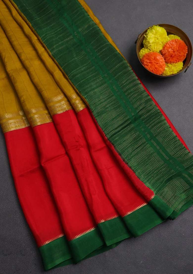 Mustard Yellow Red Semi Mysore Silk Saree Weaves With Traditional Woven Design For Women - Indya