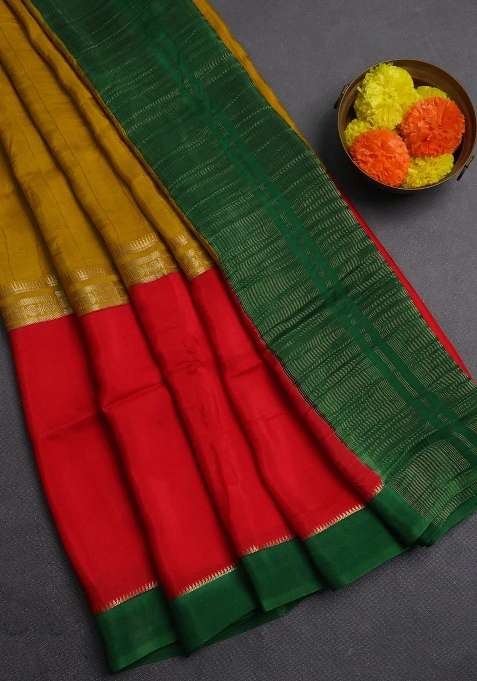 Mustard Yellow Red Semi Mysore Silk Saree Weaves With Traditional Woven Design For Women