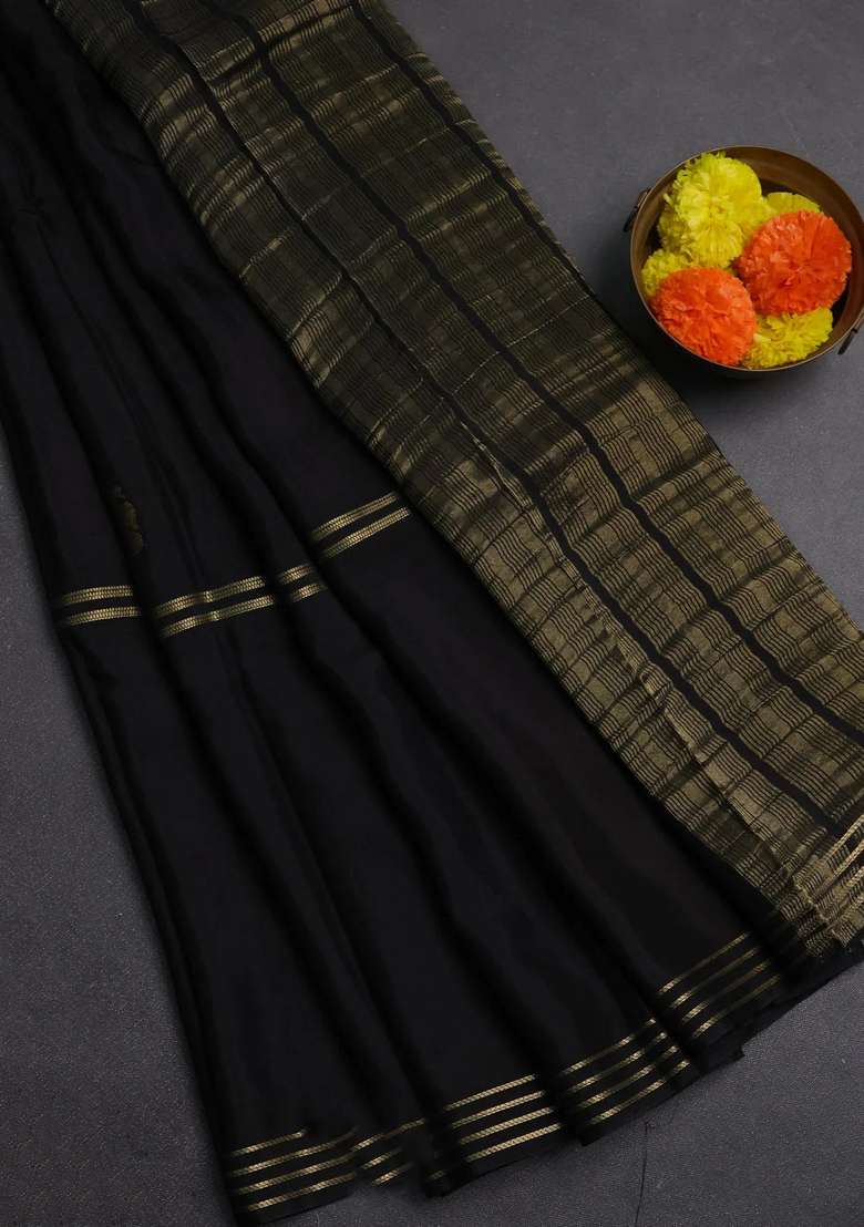 Black Orange Semi Mysore Silk Saree Buttas With Buttas And Brocade Design For Women - Indya