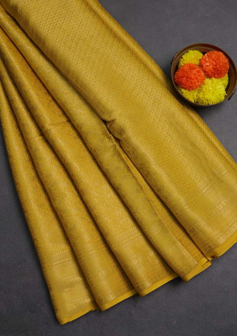 Mustard Yellow Green Semi Mysore Silk Saree Brocade Weaves With Buttas And Brocade Design For Women - Indya