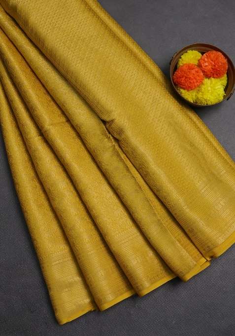 Mustard Yellow Green Semi Mysore Silk Saree Brocade Weaves With Buttas And Brocade Design For Women