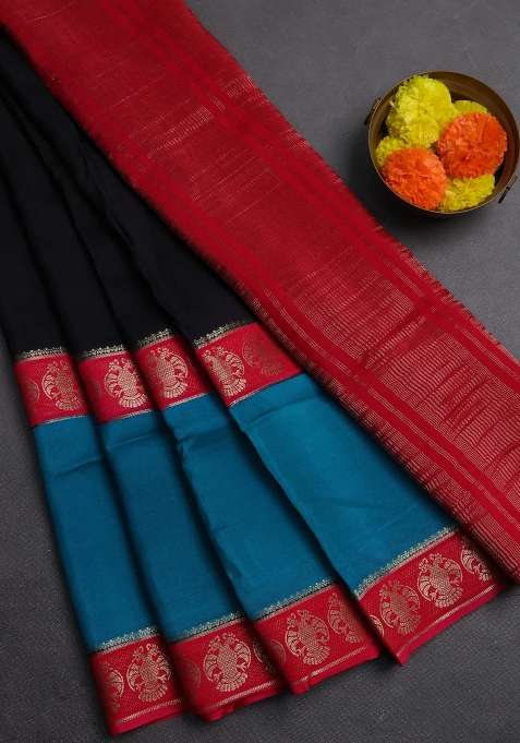 Black Pink Semi Mysore Silk Saree With Traditional Woven Design For Women