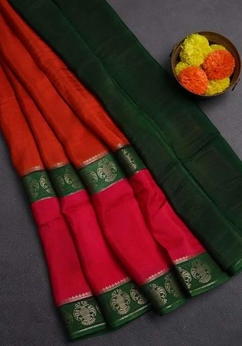 Orange Pink Semi Mysore Silk Saree With Traditional Woven Design For Women