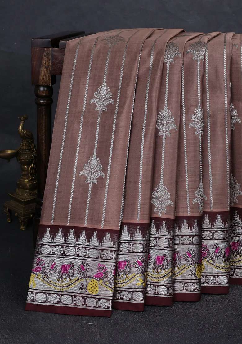 Pastel Brown Deep Maroon Venkatagiri Silk Zari Weaves Saree With Traditional Woven Design For Women - Indya