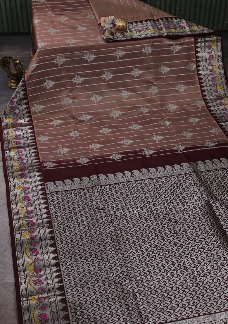 Pastel Brown Deep Maroon Venkatagiri Silk Zari Weaves Saree With Traditional Woven Design For Women - Indya