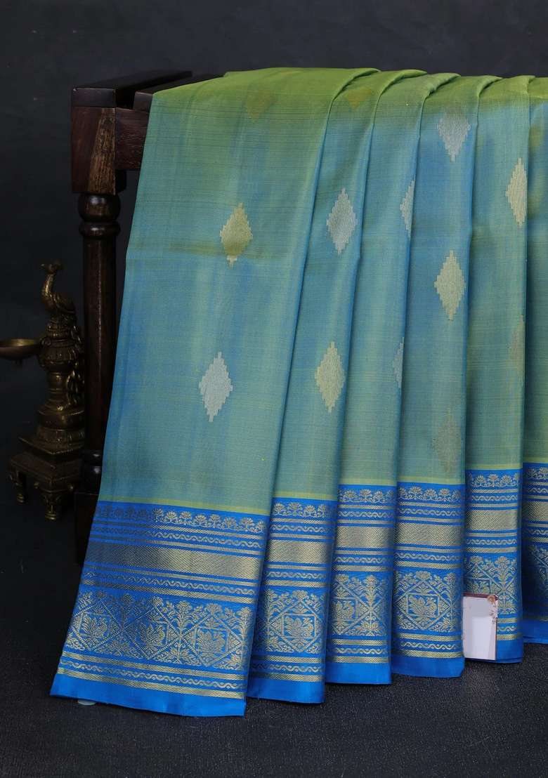 Teal Green Cs Blue Venkatagiri Silk Jamdani Buttas Saree With Buttas And Brocade Design For Women - Indya