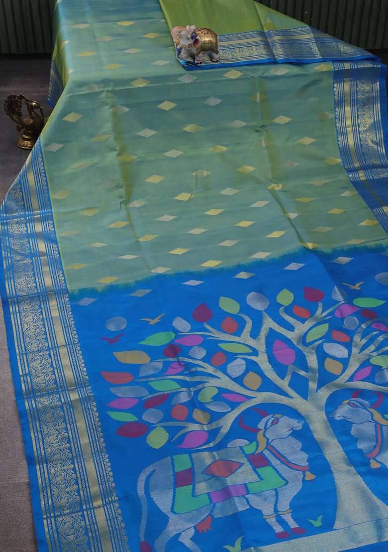 Teal Green Cs Blue Venkatagiri Silk Jamdani Buttas Saree With Buttas And Brocade Design For Women - Indya