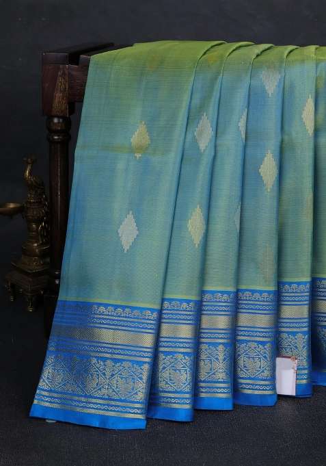 Teal Green Cs Blue Venkatagiri Silk Jamdani Buttas Saree With Buttas And Brocade Design For Women