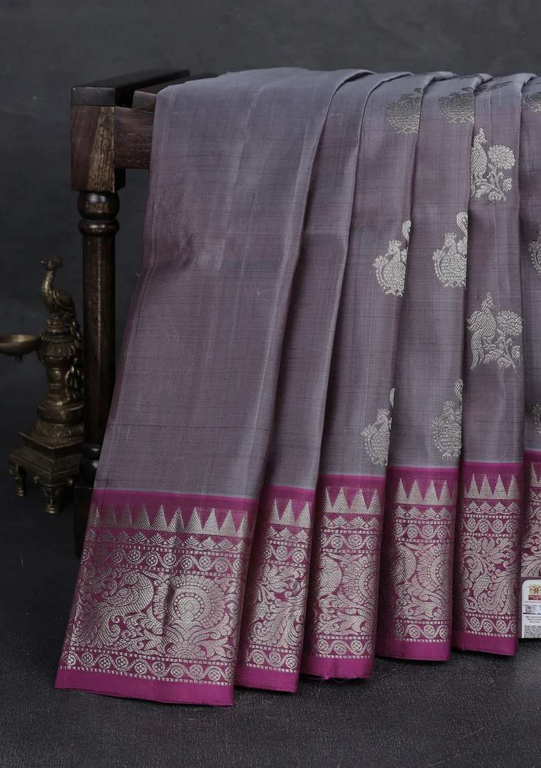 Grey Magenta Pink Venkatagiri Silk Zari Buttas Saree With Buttas And Brocade Design For Women - Indya