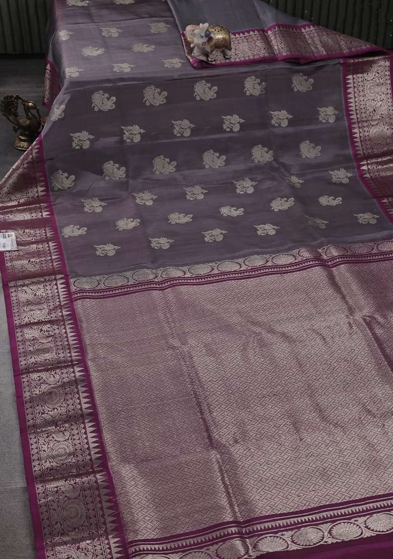 Grey Magenta Pink Venkatagiri Silk Zari Buttas Saree With Buttas And Brocade Design For Women - Indya