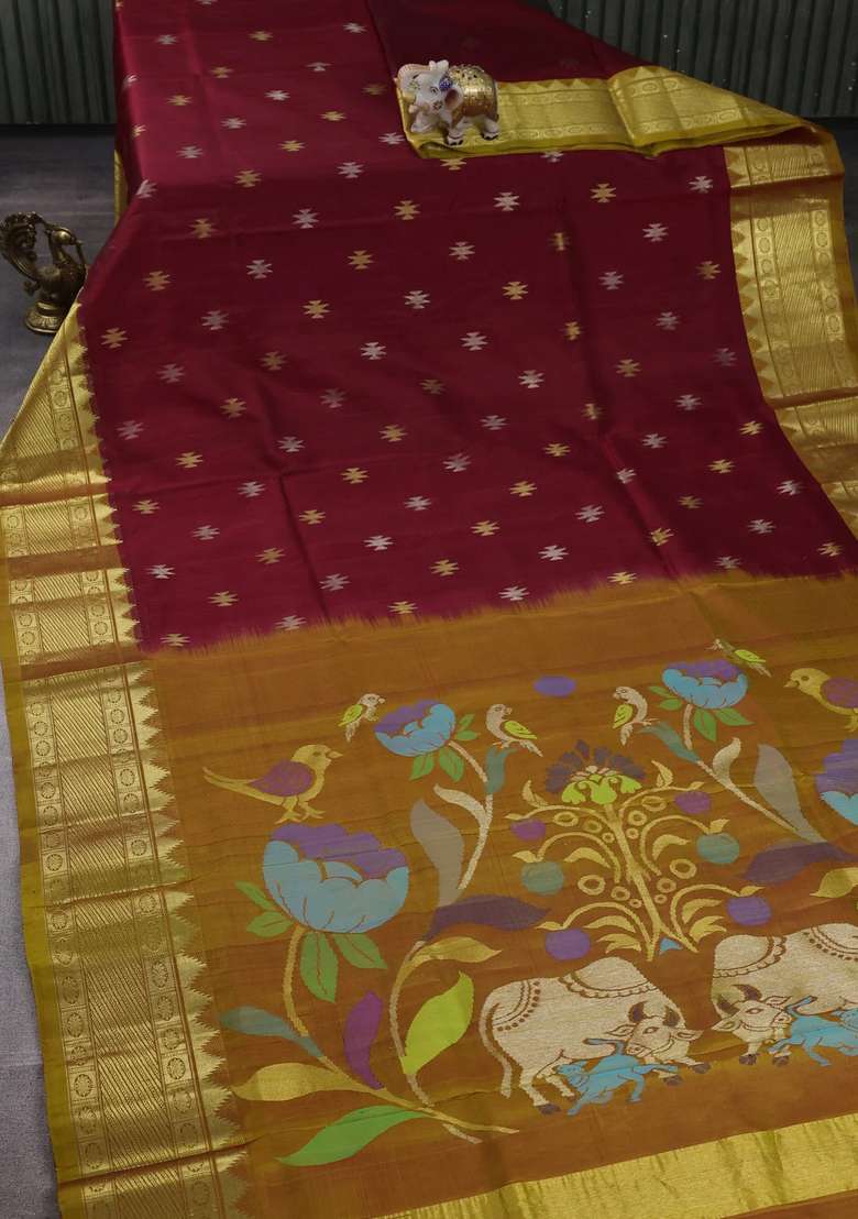 Maroon Mustard Yellow Venkatagiri Silk Jamdani Buttas Saree With Buttas And Brocade Design For Women - Indya