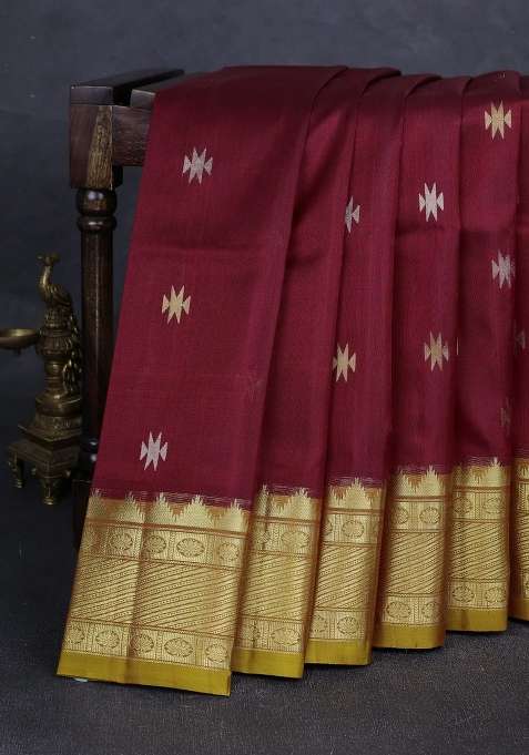 Maroon Mustard Yellow Venkatagiri Silk Jamdani Buttas Saree With Buttas And Brocade Design For Women