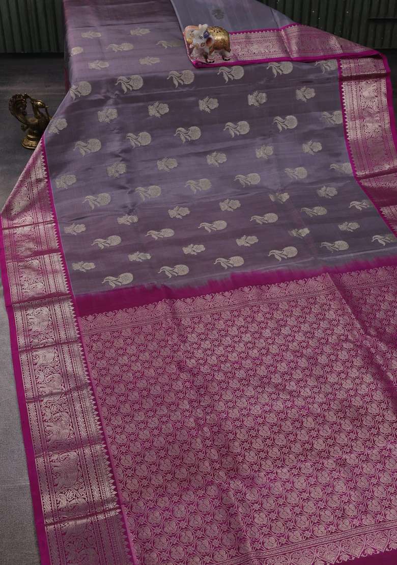 Grey Magenta Pink Venkatagiri Silk Zari Buttas Saree With Buttas And Brocade Design For Women - Indya
