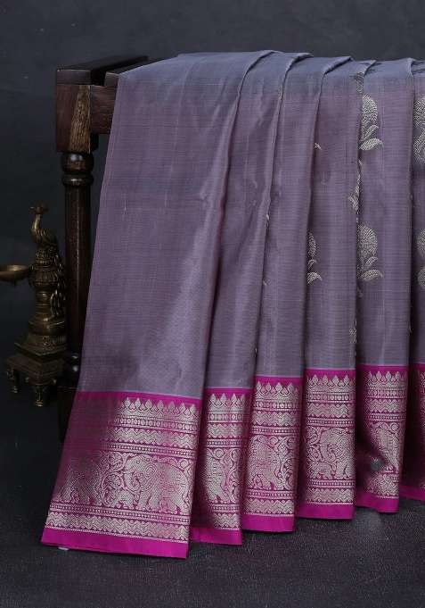 Grey Magenta Pink Venkatagiri Silk Zari Buttas Saree With Buttas And Brocade Design For Women